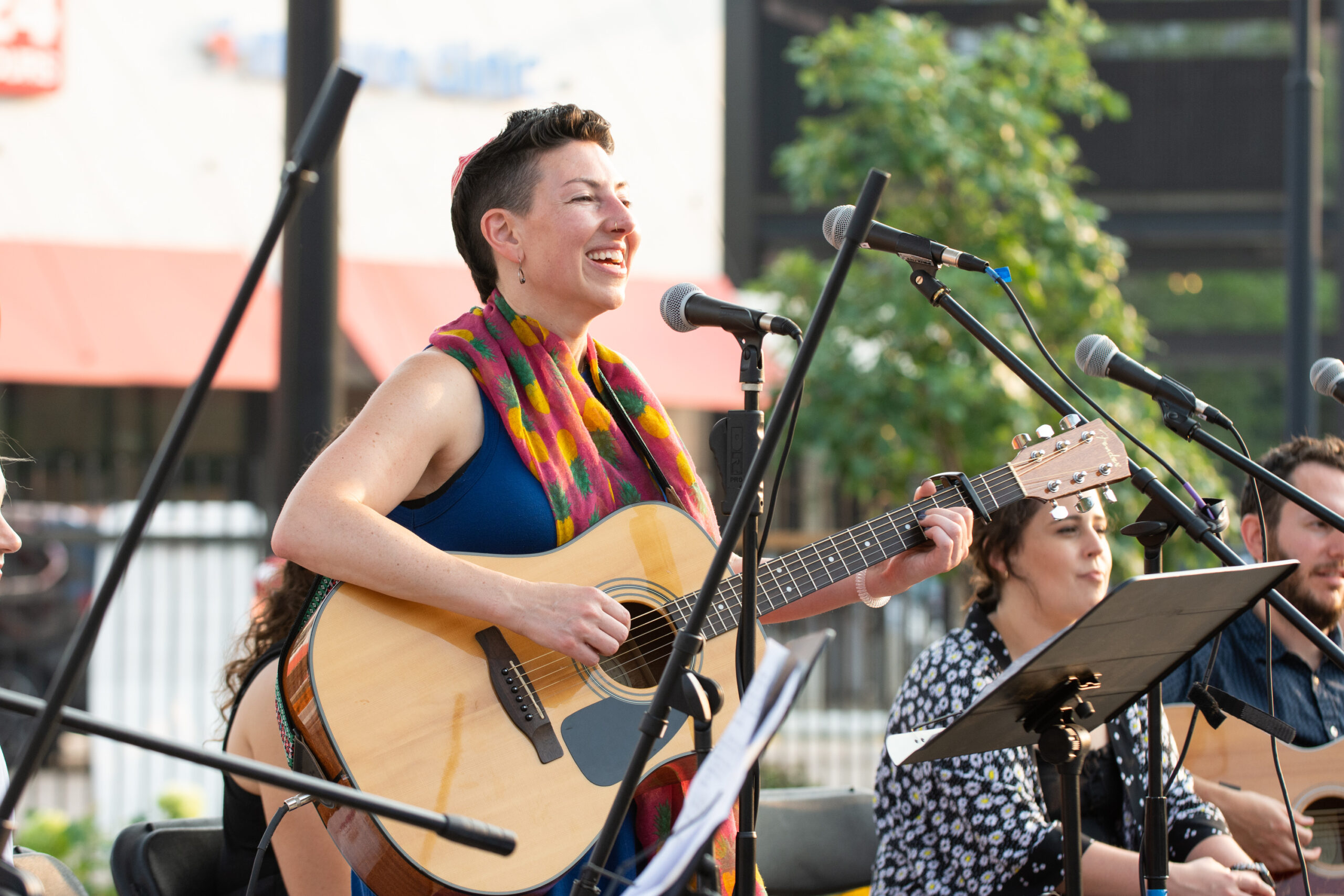 Rabbi Lizzi leads services at Friday Night Shabbat in Northcenter Town Square circa July 2022