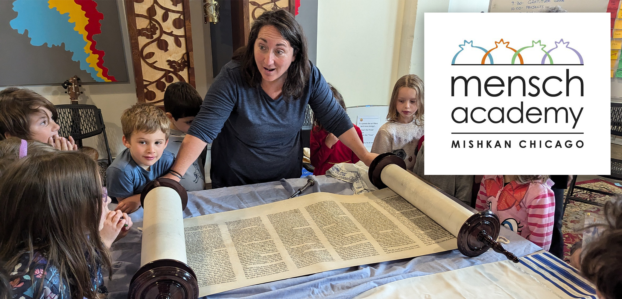 mensch academy banner rachel mylan with torah kids faces blocked with logo intentionally.png